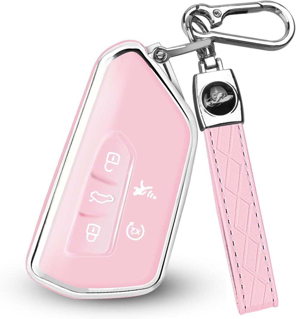 Mild East for Volkswagen Key Fob Cover, Soft TPU Full Protection Key Fob Case Compatible with VW Golf GTI Skoda Octavia ID3 ID4 MK8, 5 Buttons (Silver-Pink)