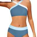 Girls Swimsuits 2 Piece Bikinis Set Colorblock Bathing Suits Criss Cross Strap Girls' Swimwear (Blue, 15-16Y)