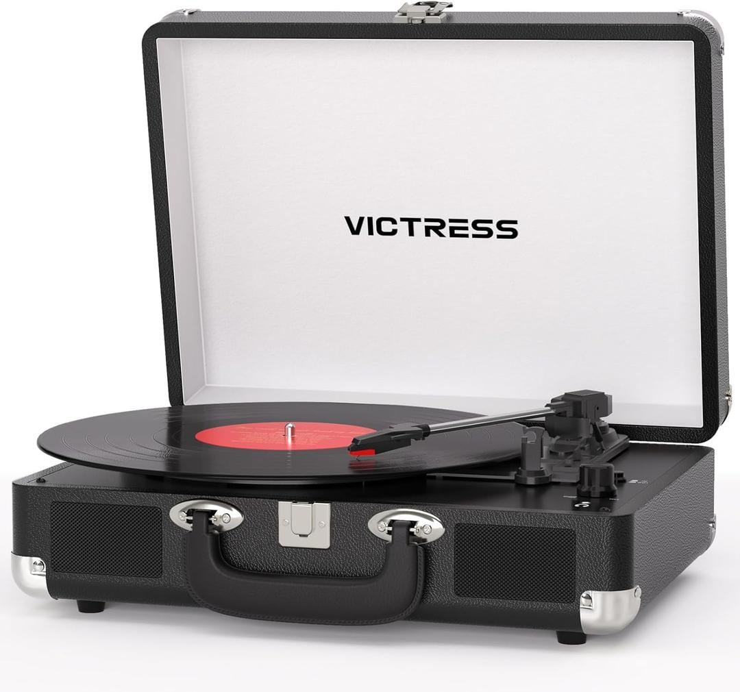 Vinyl Record Player with Bluetooth in/Out, Vintage Portable Suitcase Record Player, 3-Speed LP Turntable with USB Vinyl-to-MP3 Conversion, Stereo Speakers, RCA in & Headphone Jack, Black