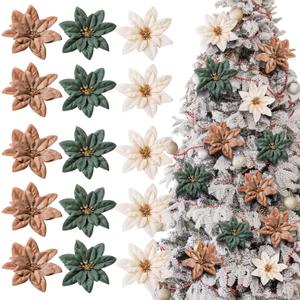 15 Pcs Christmas Poinsettia Artificial Flowers with Clips Christmas Tree Flowers Decor 5.5'' Vintage Poinsettia Xmas Tree Decoration for Xmas New Year Wedding Party (Elegant Color) (White, Brown, Green)