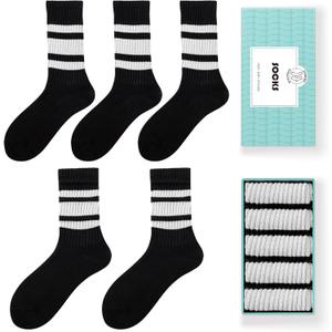 HUGSWEET Striped Retro Crew Breathable Cotton Soft Socks for Women Athletic Casual Thin Novelty Socks for Women or Men (12-15, Black-01)