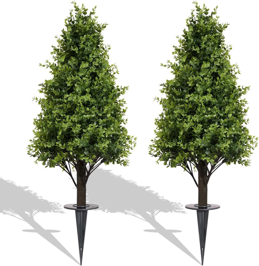 36" Faux Boxwood Plants Outdoor Set of 2, UV Resistant Artificial Topiary Trees with Ground Spike, 3ft Fake Evergreen Bushes & Shrubs for Outside Planters Front Door Porch Patio Decor