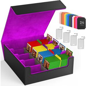 Trading Card Storage Box, 3200+ MTG Card Storage, 4 Row TCG Card Organizer Box with 24 Colorful Dividers and 4 Stands, PKM Bulk Storage, Deck Case Holder Fits for YuGiOh, Game Cards (Black Purple)