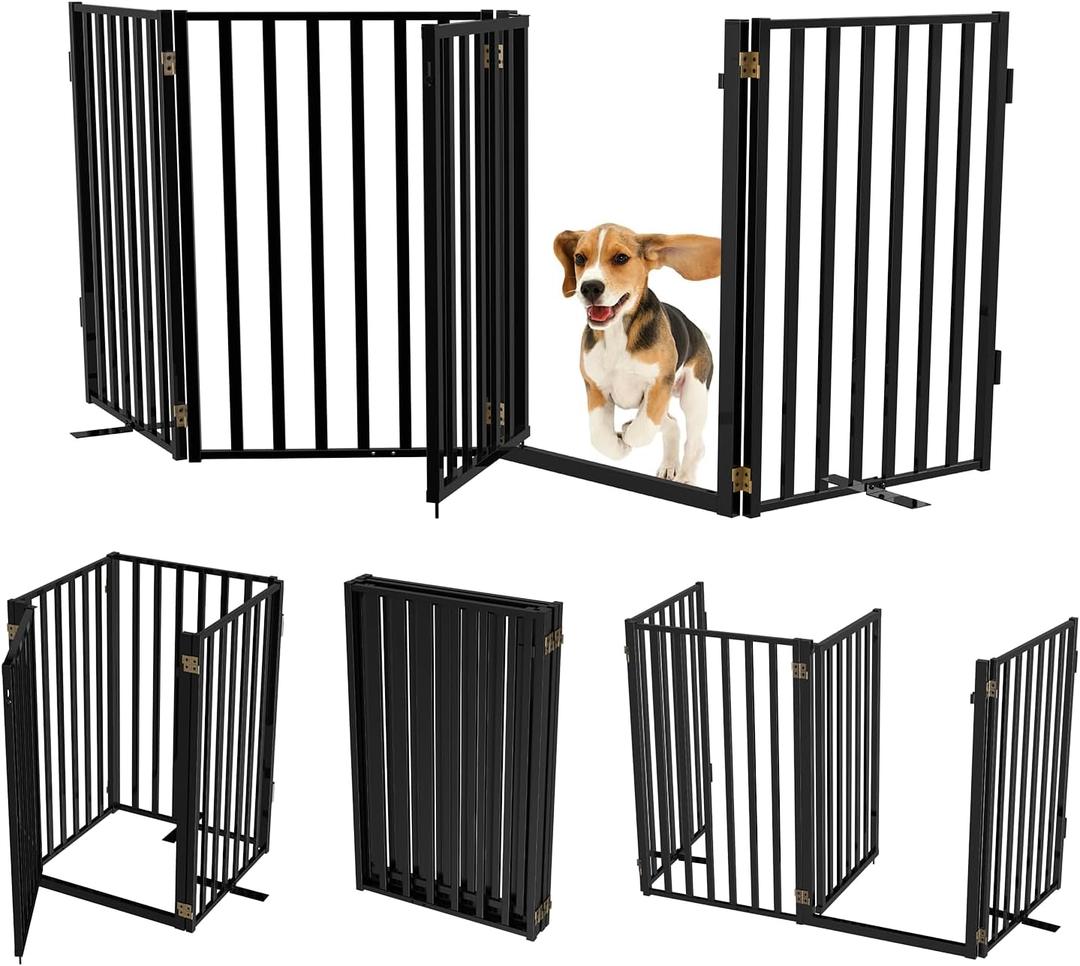 Full Metal Freestanding Dog Gates with Door, 32" Height Dog Fences for Indoor & Outdoor, Extra Wide Foldable Pet Gates for Stairs, Hallways, Doorways, Yard (4 Panels, 80" W 32" H)