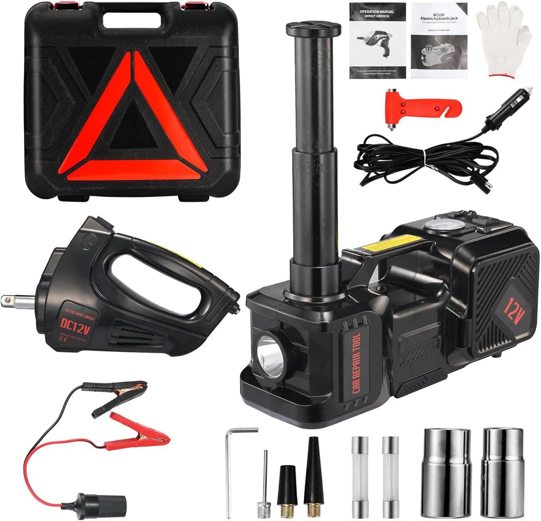 Electric Car Jack kit 5 Ton 12V Electric Floor Jack Lift for Vehicle, Electric Hydraulic Jack Auto Repair Tool Set with Built-in Inflator and Impact Wrench for SUV Sedan Truck Tire Change