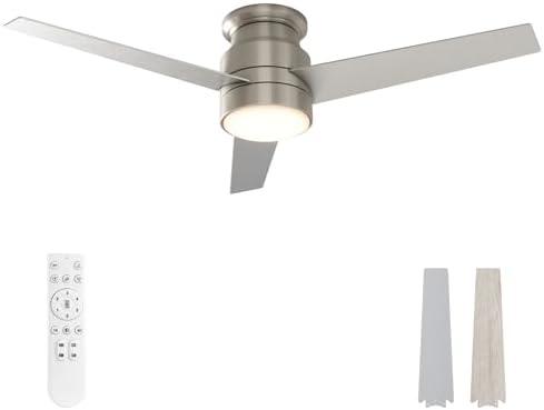 warmiplanet Flush Mount Ceiling Fan with Lights Remote Control, 52-Inch, Double-sided Fan Blade, Brushed Nickel/Wood, 3-Blades, 2 Sets