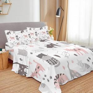 Kids Bedding Cartoon Cat Full Sheet Sets, Soft and Breathable Microfiber Cat Animal,1 Fitted Sheet 1 Flat Sheet and 2 Pillowcases