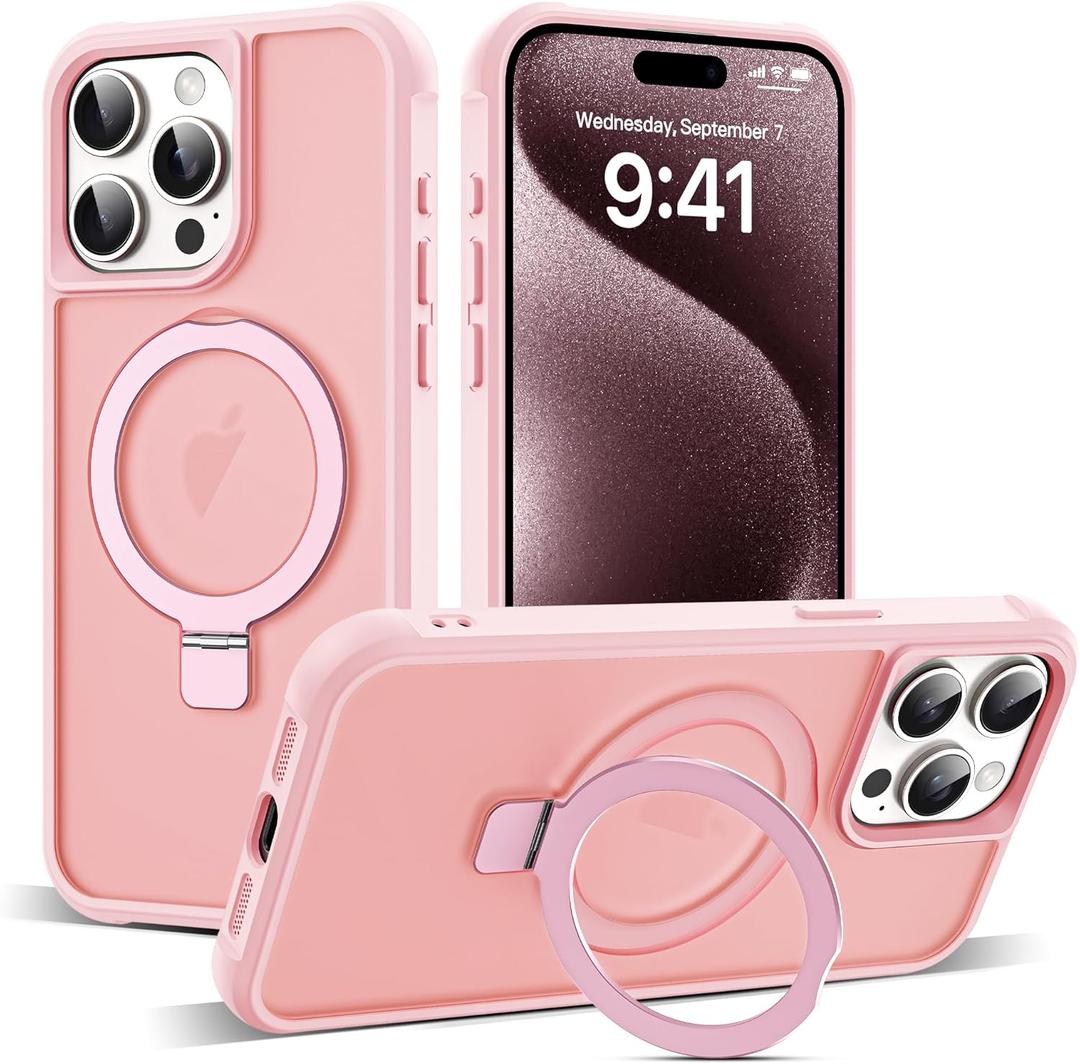 Compatible with iPhone 15 Pro Max Case with Invisible Magnetic O-Ring Stand Military-Grade Translucent Case for iPhone 15 ProMax 6.7" [Compatible with Mag-Safe][Great Grip Feeling], Pink