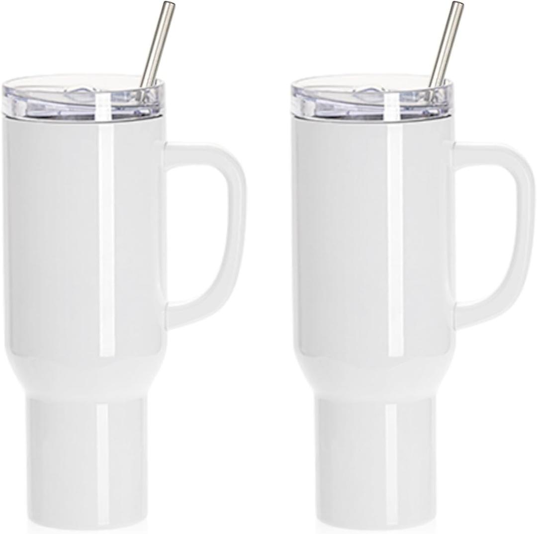 PYD Life 40 OZ Sublimation Tumblers with Removable Handle and Straw Lid Blanks for 40 OZ Tumbler Heat Press Sublimation Oven Printing 2 Pack (White, 40 OZ-2 Pack)