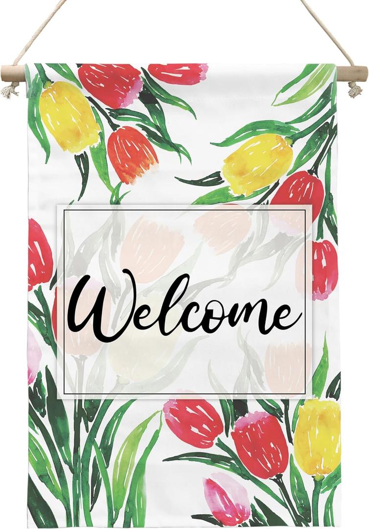 Floral Seasonal Spring Summer Welcome Canvas Hanging Wall Flag,Banner Sign Decor For Outdoor Farmhouse Bedroom Yard 12x18 Inches.(006)