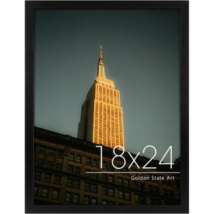 Golden State Art, 18x24 Frame, Black Solid Wood with Real Glass, 18 x 24 Picture Frames for Horizontal or Vertical Gallery Wall, Large Size Poster Frame, 1 Pack