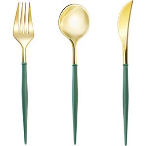 Lullaby 150PCS Gold Plastic Silverware - Disposable Flatware with Green Handles, Includes 50 Knives, 50 Forks, 50 Spoons, Perfect for Birthdays, Weddings, Picnics