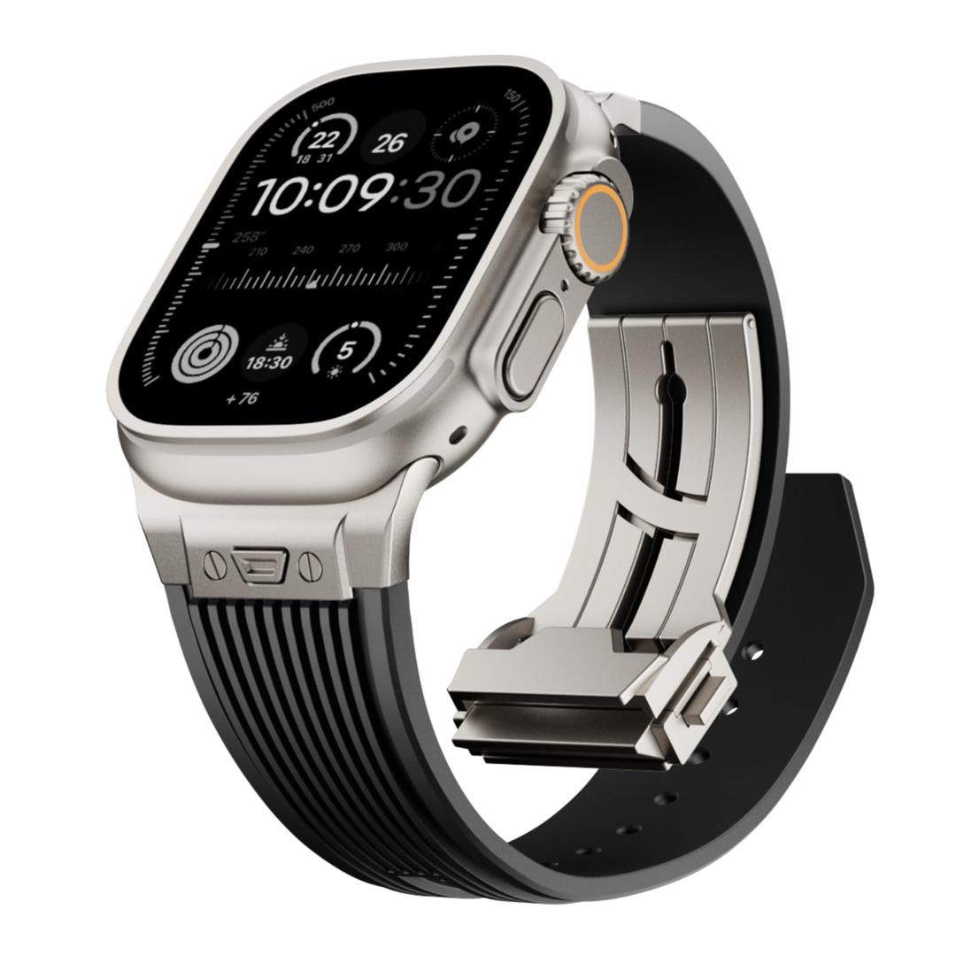 Watch Band for Apple Watch Ultra 2 Band 49mm 46mm 45mm 44mm, Men Luxury Rugged Silicone Rubber Strap with Metal Connector & Folding Clasp for iWatch Series 10 9 8 7 6 5 4 3 2 1 SE