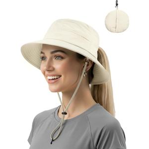 Womens Ponytail Sun Hat Packable UPF50+ Waterproof Bucket Hat Hiking Fishing Safari Hat Foldable Beach Hat