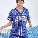 Baseball Jersey for Women Baseball Shirt: Baseball Graphic Button Down Plain Tshirts Sports Active V Neck Tee Tops (Blue, L)