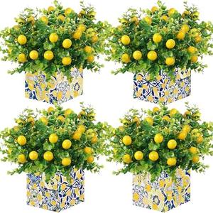 4 Sets Blue Tiles Lemon Table Centerpiece Decor Box Artificial Lemon Branches Amalfi Coast Capri Positano Lemon Party Supplies for Capri Mediterranean Wedding Birthday Baby Shower Party Decor