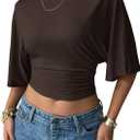 Verdusa Women's Half Sleeve Cinched Waist Tops Ruched Crew Neck T Shirts Going Out Crop Tops (Medium, Coffee Brown)