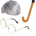 Beefunny Old Man Wig and Glasses Grandpa Costume Accessories Inflatable Walking Cane 100th Day of School Starter Kit (Silver)