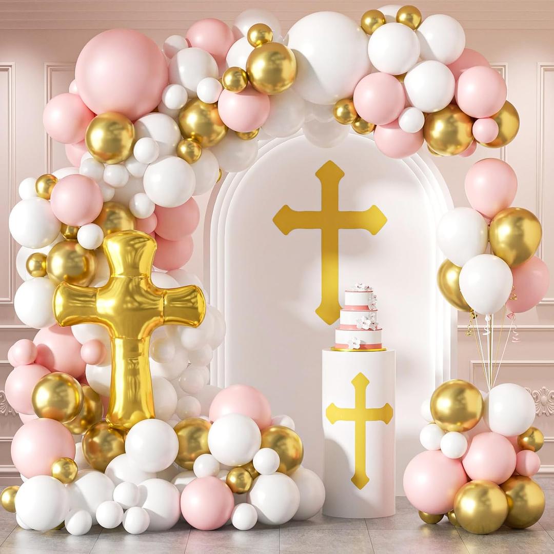 First Communion Balloons - Pink and White Gold with God Bless Balloon Garland Arch Kit Different Size Balloons for First Holy Primera Communion Girl Baptism Christening Decorations