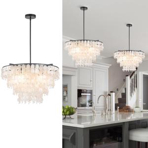 Natural Capiz Shell Chandelier, Coastal Modern Chandelier, Hanging Round Layered Pendant Lighting, (4 Light, Black)