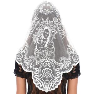 Bozidol Catholic Lace Mantilla Veil - Marian Apparitions Embroidery Spanish Church Mass Scarf Chapel Prayer Christian Veil (White-1)