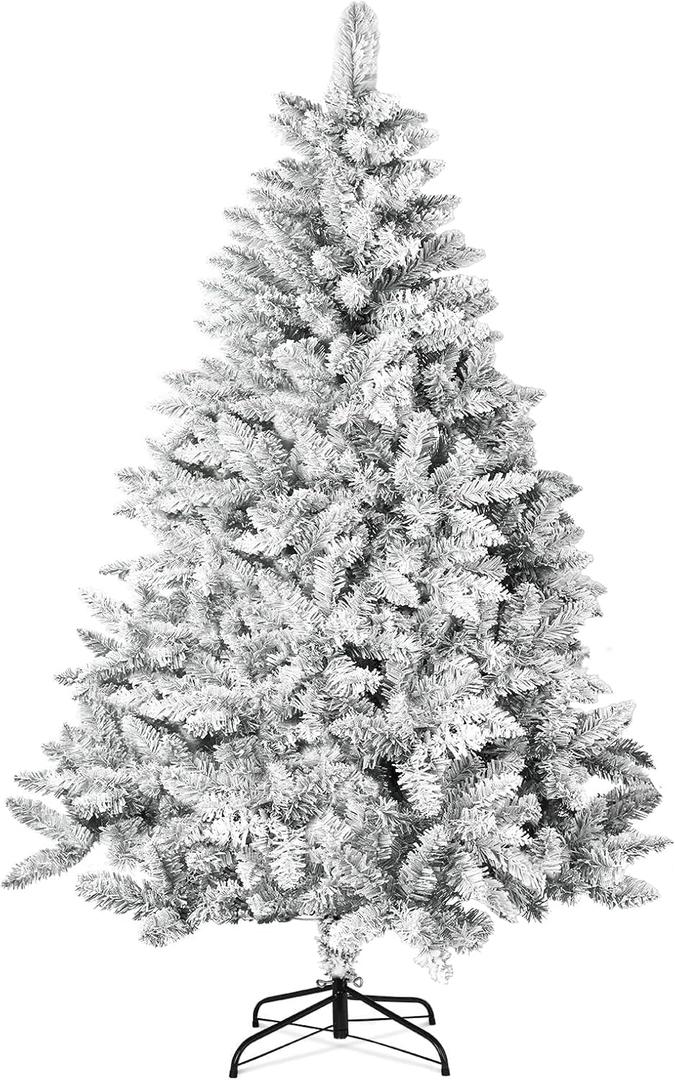 7FT Premium Artificial Christmas Tree, Snow Flocked Hinged Pine Tree with Solid Metal Stand for Outdoor and Indoor Holiday Decor (White)