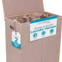 BirdRock Home Double Laundry Hamper with Lid and Removable Liners | Linen | Easily Transport Laundry | Foldable Hamper | Cut Out Handles