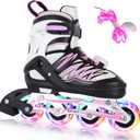 BELEEV Inline Skates with Light-Up Wheels & Shoelaces, 4-Size Adjustable Roller Blades for Kids, Boys & Girls Ages 5-8, 8-12, 6-12, Illuminating Skates for Youth & Women, Beginner Outdoor/Indoor Use