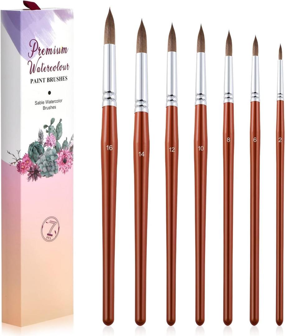 2 x Professional Sable Hair Watercolor Brush Set - Round Tips, Wood Handle, 7-Pack for Watercolor, Acrylic, Gouache, Inks