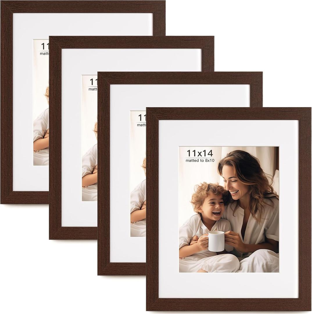 11x14 Picture Frame with Mat for 8x10, Set of 4 Drak Brown 11 x 14 Frames for Horizontal &Vertical Wall Mounting (4 Pack,Walnut)