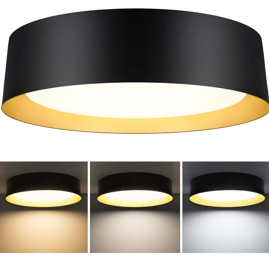 Hisoo LED Flush Mount Ceiling Light, 12.5 inch 30W [375W Equiv] Black with Gold Inside Ceiling Light Dimmable - 3CCT 3000LM Hallway Light Fixtures Ceiling for Bathroom, Bedroom, Kitchen