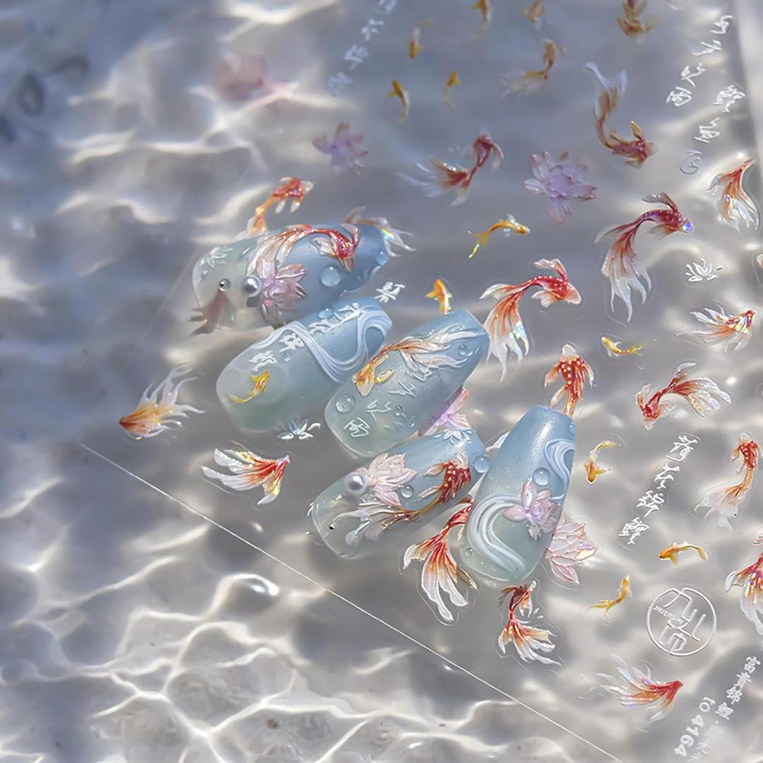 Goldfish Nail Art Stickers Decals Goldfish 5D Self-Adhesive Spring Nail Art Stickers Decals Goldfish Sparkly Koi Fish Nail Stickers Koi Lotus Leaf Chinese Style Design Slider Nail Art Supplies Charms