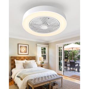 Enclosed Ceiling Fan with Lights, 20" Low Profile Fan Light LED Remote Control Dimming 6-Level Wind Speed, Flush Mount Ceiling Light with Fan Reversible Blades Hidden Ceiling Fan (White)