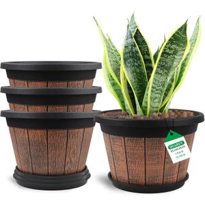 Quarut Large 4 Pack 14 inch Plant Pots,Whiskey Barrel Planters with Drainage Holes & Saucer,Plastic Decoration Flower Pots Retro Design,Planters for Outdoor Indoor Garden Balcony Plants (Brown)