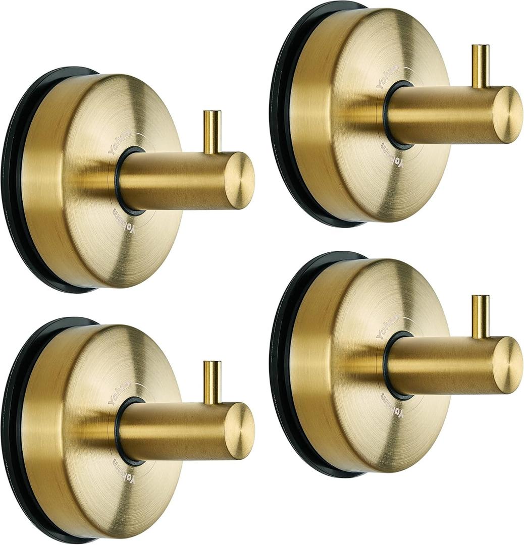 YOHOM Suction Cup Hooks for Shower Gold Towel Holder Stainless Steel Vacuum Bathroom Shower Hook Suction Washcloth Hanger Kitchen Towel Rack for Robe Loofah Wreath Glass Door Window Wall Brushed 4Pcs