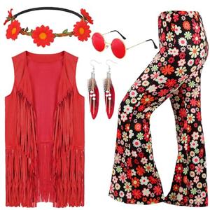 Leumoi 5 Pcs 60s 70s Costume for Women Disco Outfits Hippie Accessories Fringe Vest Boho Flared Pant for Mardi Gras Carnival(X-Large,Red)