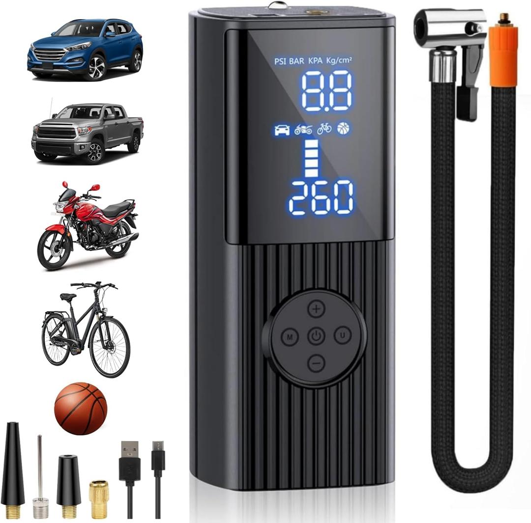 Tire Inflator Portable Air Compressor with 20in Lengthened Inflatable Tube, 20000mAh & 160PSI Cordless Tire Pump with LCD Dual Screen and LED Light, Air Pump for Car, Bike, Motorcycle, Ball (Black)