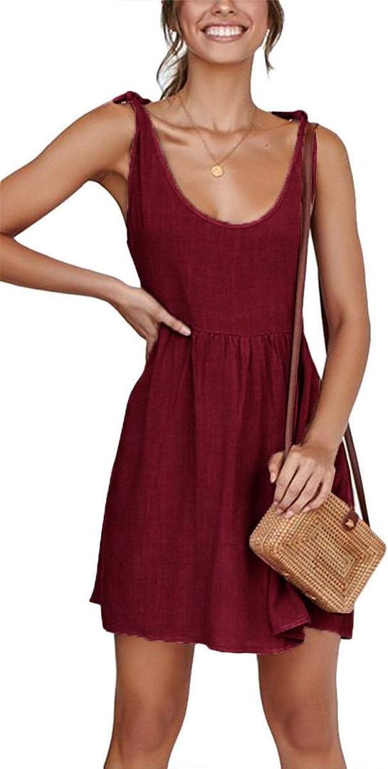 CNJFJ Women's Summer Shoulder Tie Strap Babydoll Dress Casual Scoop Neck A-Line Skater Swing Mini Sundress Burgundy, M