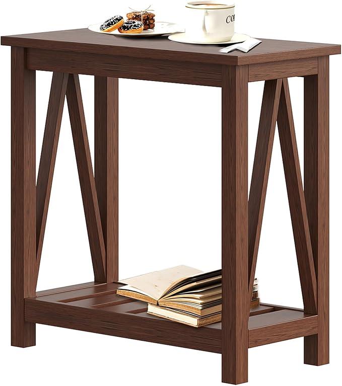 ChooChoo Farmhouse End Table, Narrow Side Table, Slim End Table with Storage Shelf for Small Spaces, Rustic Nightstand, for Living Room, Bedroom Walnut
