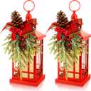 Tuanse 2 Pcs Christmas Decorative Lanterns Red Metal Hanging Candle Lantern Vintage Flameless Decorative Lanterns with LED Lights for Indoor Outdoor Home Table Porch