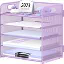 Supeasy 5 Trays Paper Organizer Letter Tray with Handle-Mesh Desk File Holders, Paper Sorter Desk Organizer for Office, Home, Classeoom or School, Purple