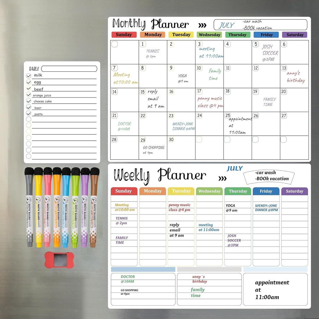 Hivillexun Magnetic Dry Erase Calendar Whiteboard Set (3-Pack) for Fridge, Wall, and Refrigerator Organization  Monthly, Weekly, and Daily Planners with 8 Markers and Eraser