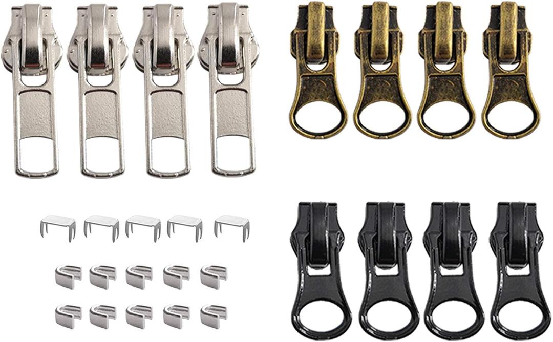 Meikeer 12-Piece Zipper Repair Kit - Black, Bronze & Silver Sliders for Metal, Plastic & Nylon Coil Jacket Zippers