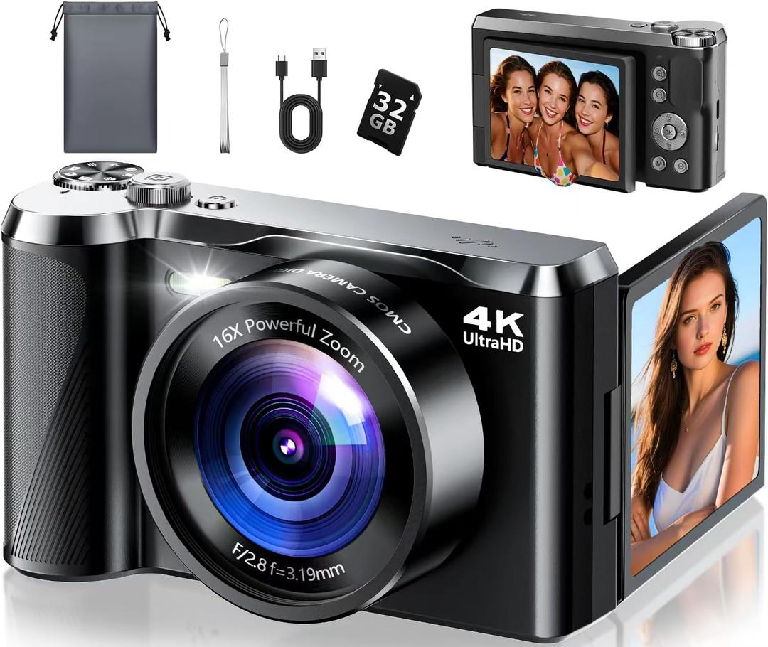 4K Digital Camera for Photography & Travel, 56MP Autofocus Vlogging Camera with 3" 180 Flip Screen, 16X Zoom, Compact Point and Shoot Camera for Beginners and Teens, 32GB Card Included