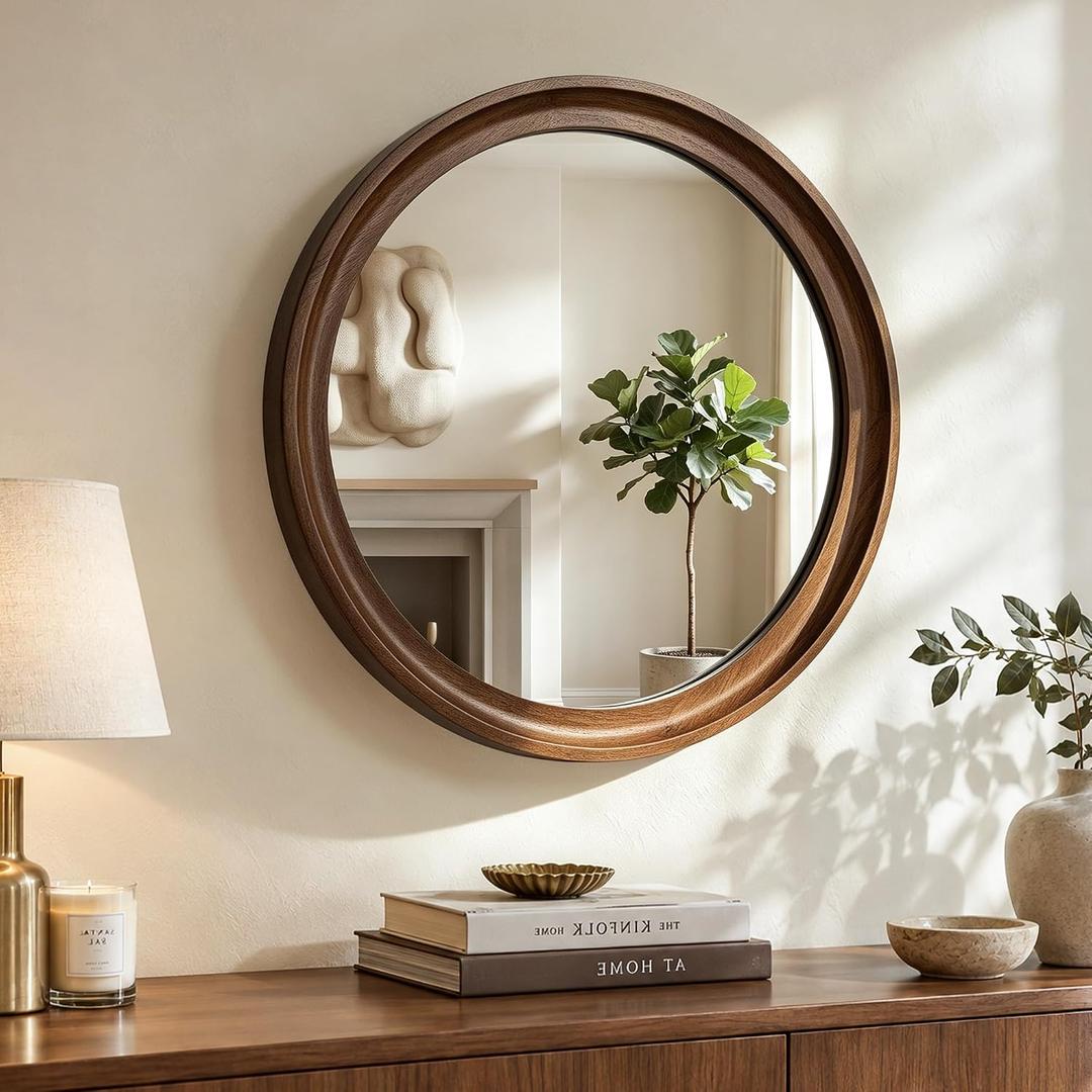 Round Wood Mirror, 22" Circle Mirror with Wooden Frame, Walnut Brown