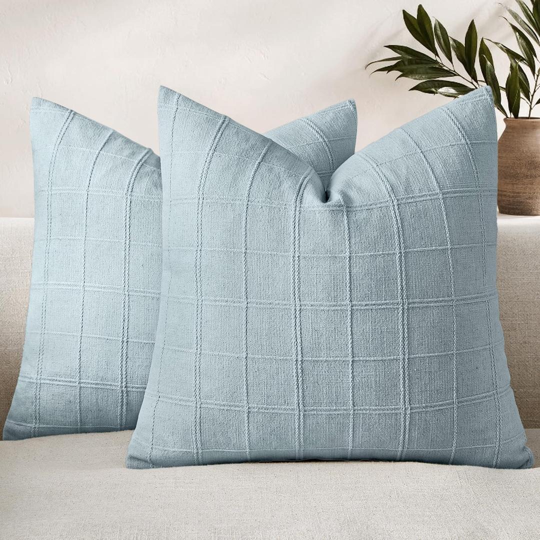 Woaboy Linen Check Throw Pillow Covers Light Blue Farmhouse Modern Boho Vintage Coastal 20x20 Inch Set of 2 Decorative Cushion Covers for Sofa Couch Bedroom Living Room Home Decor