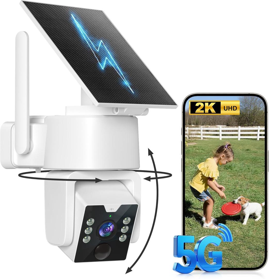 Solar Security Cameras Wireless Outdoor - 5G & 2.4G Wi-Fi Outdoor Camera, 2K 360 PTZ Camera, Solar/Battery Powered, PIR Human Detection, Color Night Vision, Alexa Compatible, Two-Way Voice Calling