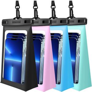4 Pack Floating Waterproof Phone Pouch - Float Clear Cell Holder Protector with Lanyard - Universal Large Floatable Water Proof Dry Bag Case for iPhone 16 Pro Max Samsung Galaxy - Beach Swimming Pool (Black+Blue+Green+Pink)