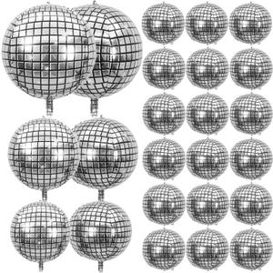 24 PCS Disco Ball Balloons Different Sizes- 4D Large Disco Balloons 10 Inch 15 Inch 18 Inch 22 Inch Assorted Round Metallic Silver Disco Balloons for Disco Themed Party Decor Supplies