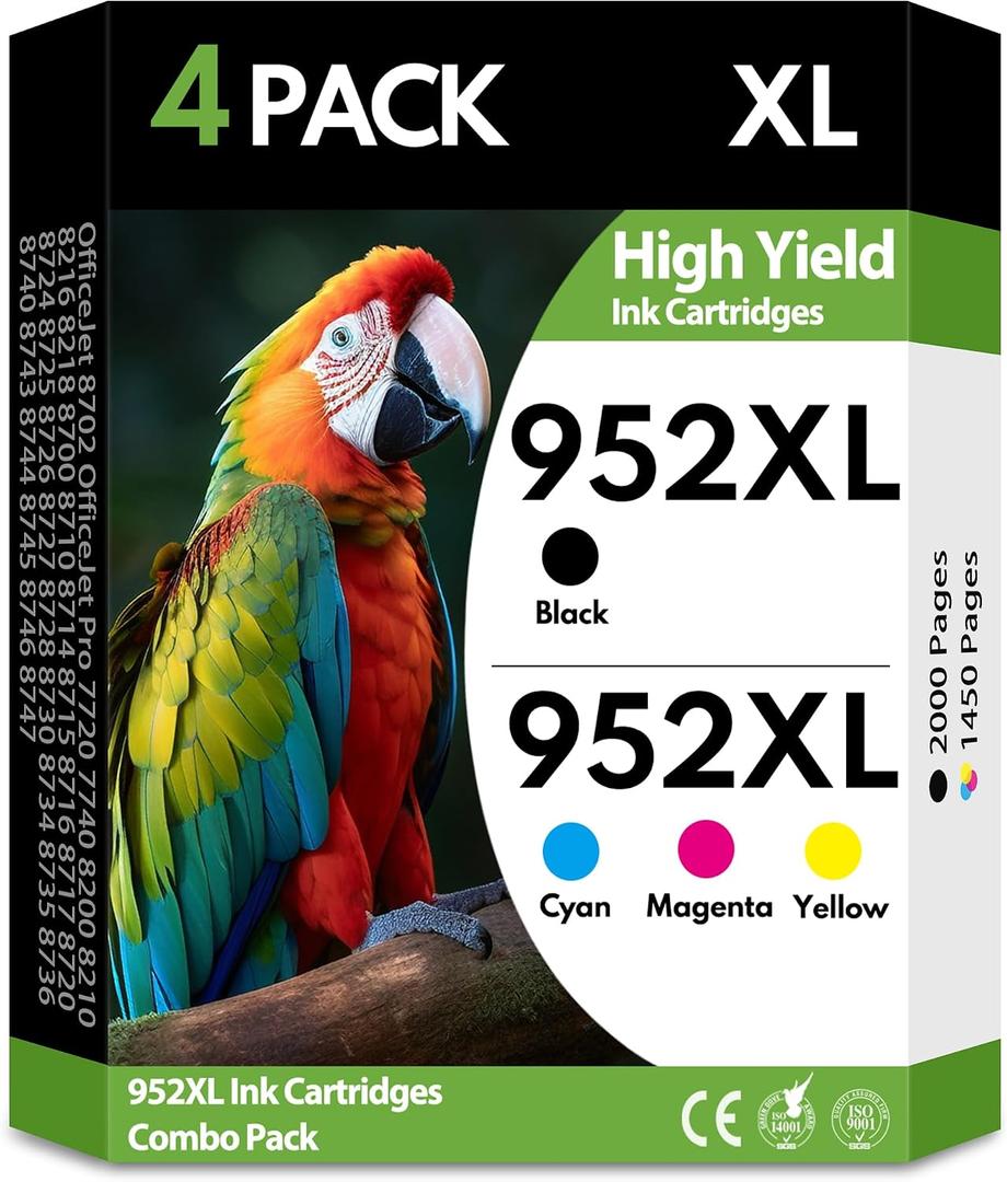 952XL 952 Ink Cartridges 4 Pack Combo, Black Cyan Magenta Yellow, High Yield Replacement for HP 952 XL, Compatible with HP OfficeJet Pro 7740 8710 8720 8715 8210 8703 OfficeJet 8702 Printers
